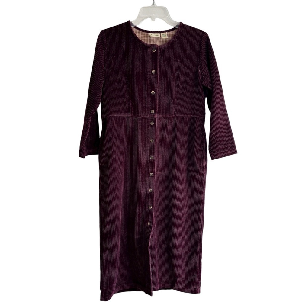 VTG LL Bean Corduroy Plum Midi Shirt Dress Long Sleeve W/ Pockets Size 6 Petite